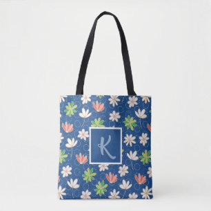 Bolso De Tela Patrón Floral Monograma Azul Ditsy