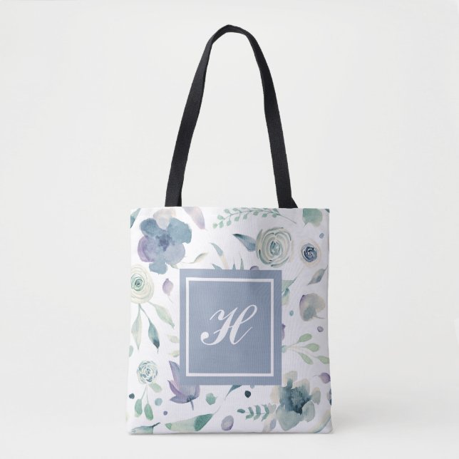 Bolso De Tela Patrón floral Monograma Violeta Azul (Anverso)