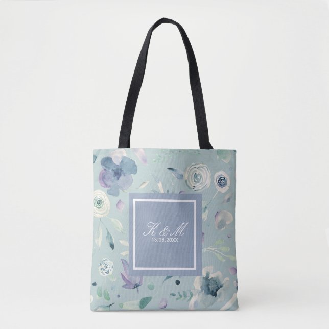 Bolso De Tela Patrón floral Monograma Violeta Azul (Anverso)