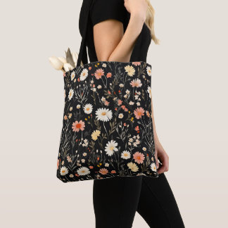 Bolso De Tela patrón floral negro de flores silvestres