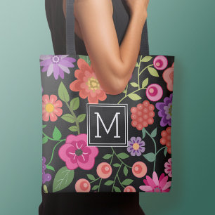 Bolso De Tela Patrón floral negro de moda con monograma Personal