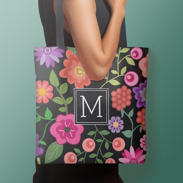 Bolso De Tela Patrón floral negro de moda con monograma Personal (Personalized tote bag - add your name or other text)