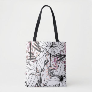 Bolso De Tela Patrón floral negro y blanco sin soldadura. Ar mod