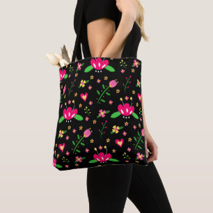 Bolso De Tela Patrón floral ocupado sobre negro