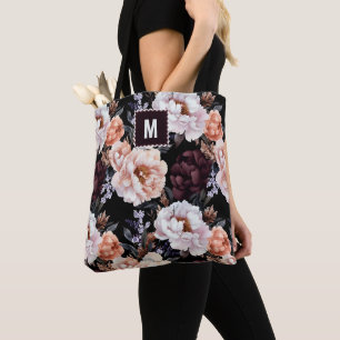 Bolso De Tela Patrón floral Oscuro Peonies Inicial