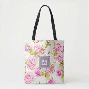 Bolso De Tela Patrón floral personalizado Rosa antiguo Monograma