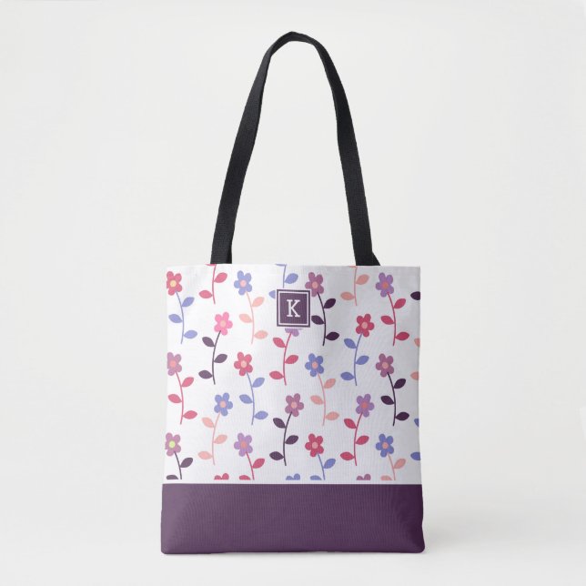 Bolso De Tela Patrón Floral Púrpura con Monograma (Anverso)