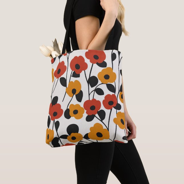 Bolso De Tela Patrón floral retro negrita rojo, Naranja y negro (Detalle)