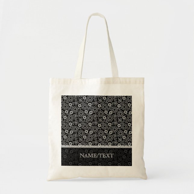 Bolso De Tela Patrón floral retro negro y blanco (Frente)