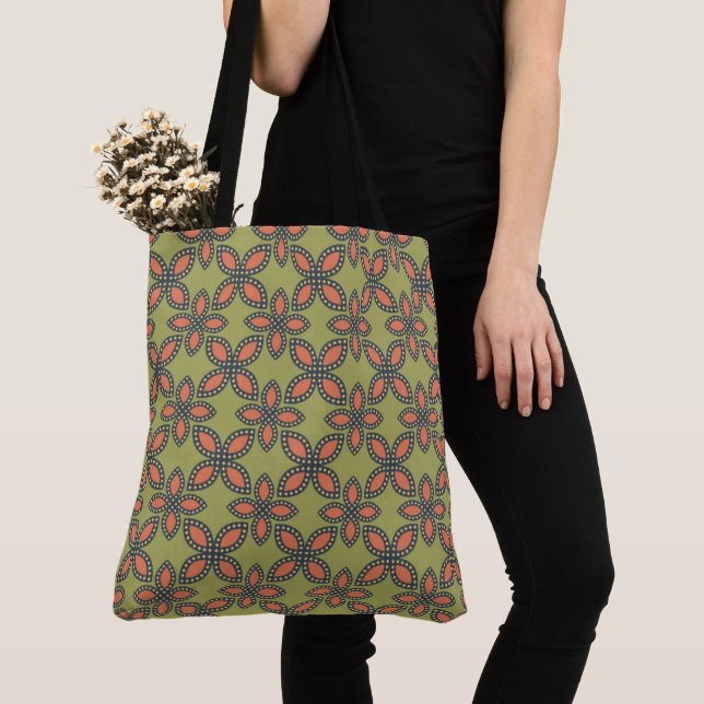 Bolso De Tela Patrón floral retro verde y Naranja abstracto (Detalle)