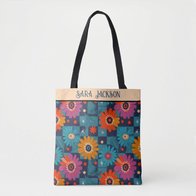 Bolso De Tela Patrón floral retro vibrante con cuadrados Verde a (Anverso)