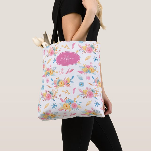 Bolso De Tela Patrón floral rosa bonito monogramado (Detalle)