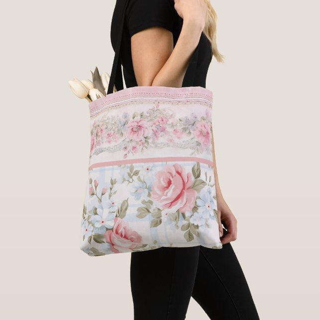 Bolso De Tela Patrón floral rosa chic de Shabby (Detalle)