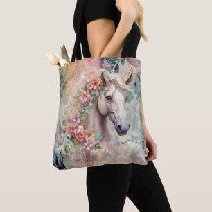 Bolso De Tela Patrón floral rosa y gris Cabeza de caballo blanca