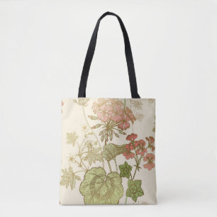 Bolso De Tela Patrón floral sin foco. Follaje verde, color rosa