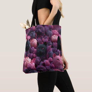 Bolso De Tela Patrón floral surrealista de gato negro y peonía r