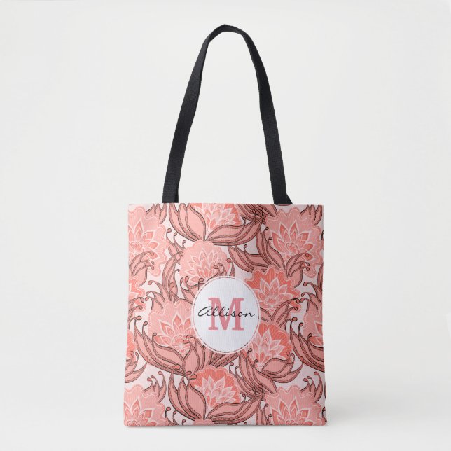 Bolso De Tela Patrón floral tropical coral con monograma (Anverso)