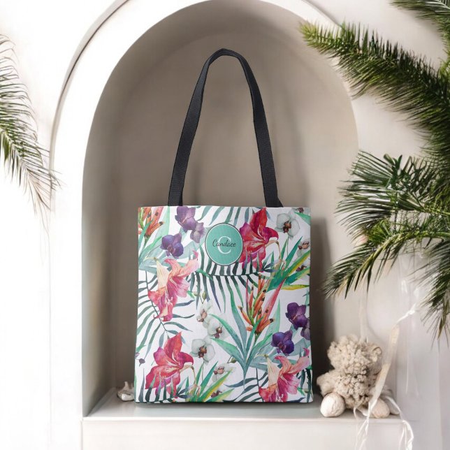 Bolso De Tela Patrón floral tropical de estilo insular y monogra (Subido por el creador)