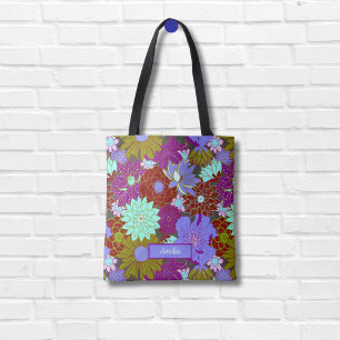 Bolso De Tela Patrón floral verde violeta negrita y nombre perso