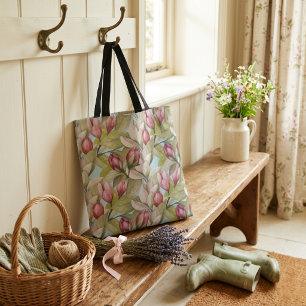 Bolso De Tela Patrón Floral y de Hojas Rosa Vintage