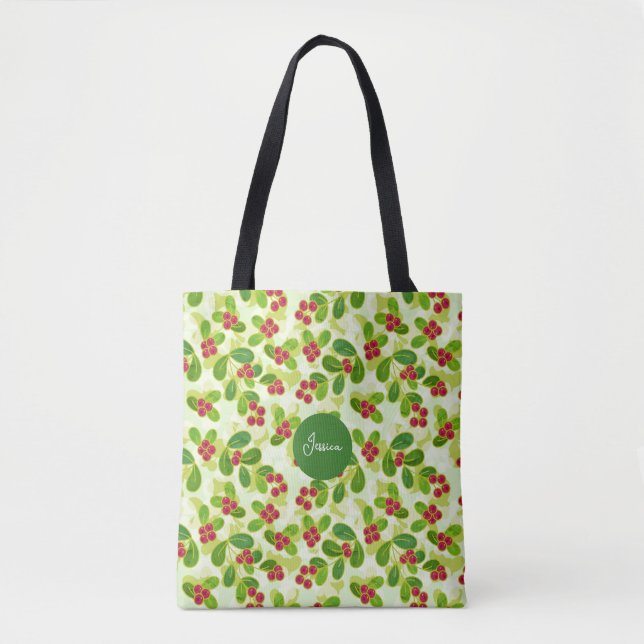 Bolso De Tela Patrón Fruta de Cranberry Festial, Verde (Anverso)