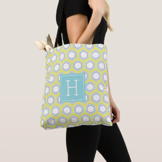 Bolso De Tela Patrón geométrico amarillo y acuático y monograma
