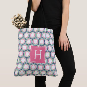 Bolso De Tela Patrón geométrico azul verde y rosa y monograma