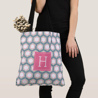 Bolso De Tela Patrón geométrico azul verde y rosa y monograma