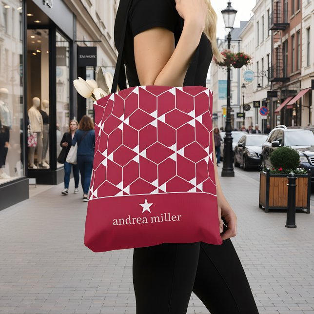 Bolso De Tela Patrón geométrico moderno con estrella Monograma (red shopping tote bag)