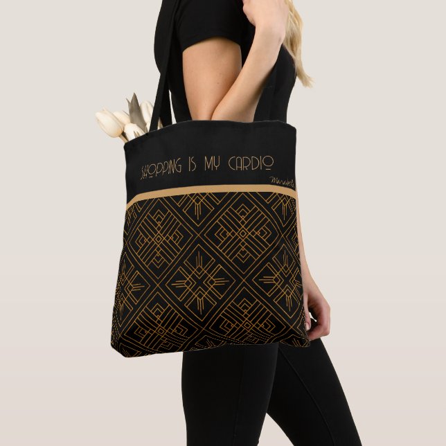 Bolso De Tela Patrón geométrico negro y oro, cardio de compras (Detalle)