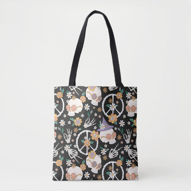 Bolso De Tela Patrón Hippie Halloween Skulls and Floween (Anverso)
