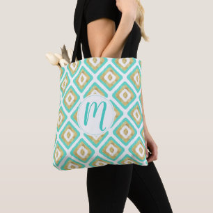 Bolso De Tela Patrón Ikat de Moda Oro y Turquesa