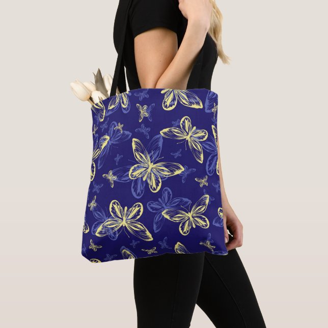 Bolso De Tela Patrón ilustrado de mariposa azul y amarilla (Detalle)