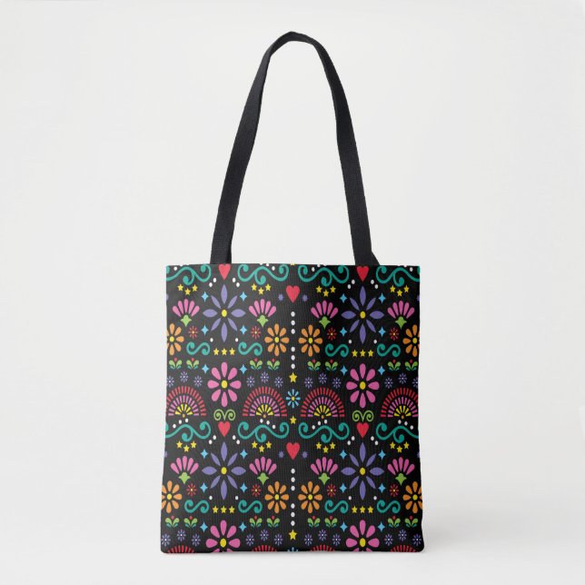 Bolso De Tela Patrón ininterrumpido de arte folclórico mexicano, (Anverso)