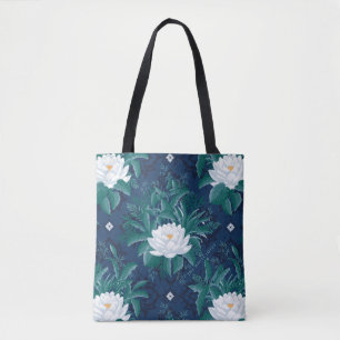 Bolso De Tela Patrón Lotus de la medianoche blanca