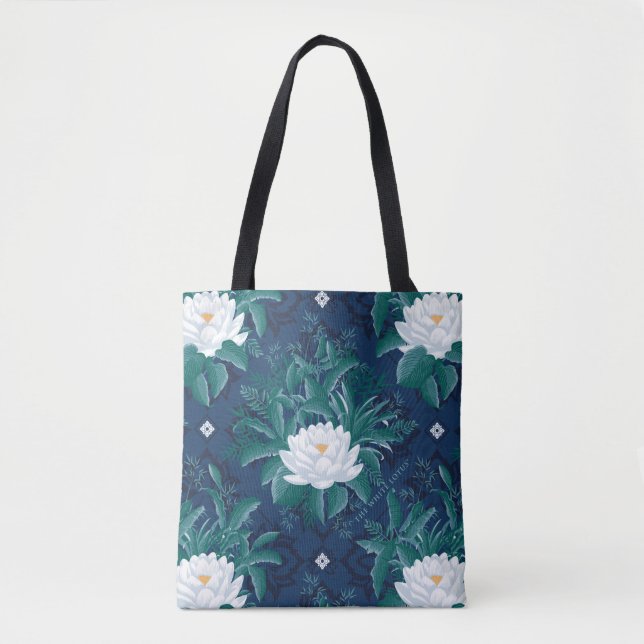 Bolso De Tela Patrón Lotus de la medianoche blanca (Anverso)