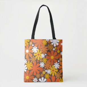 Bolso De Tela Patrón marrón Naranja floral de los años 70 retro
