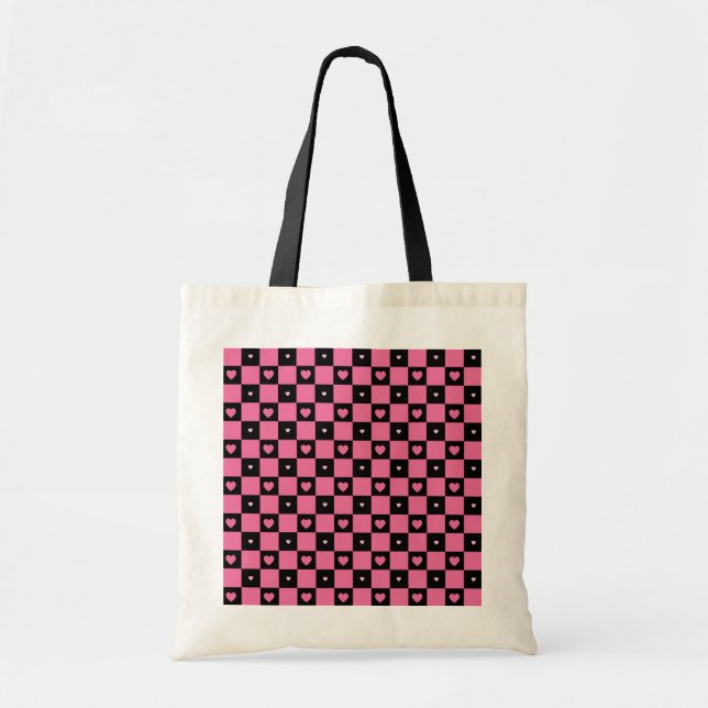 Bolso De Tela Patrón moderno de cheques rosados y negros corazon (Frente)