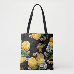 Bolso De Tela Patrón moderno de mariposa floral de cítricos limo