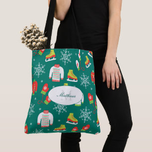 Bolso De Tela Patrón Monograma Verde azulado de patines de hielo
