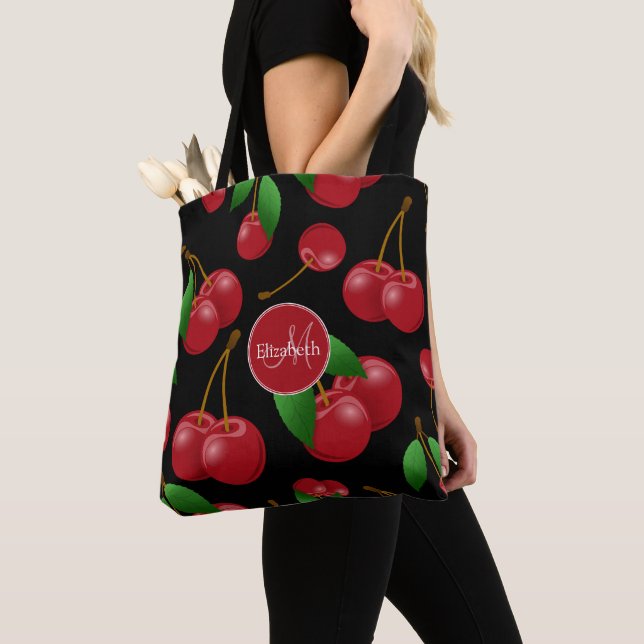 Bolso De Tela patrón monogramado de cerezas rojas dulces (Detalle)