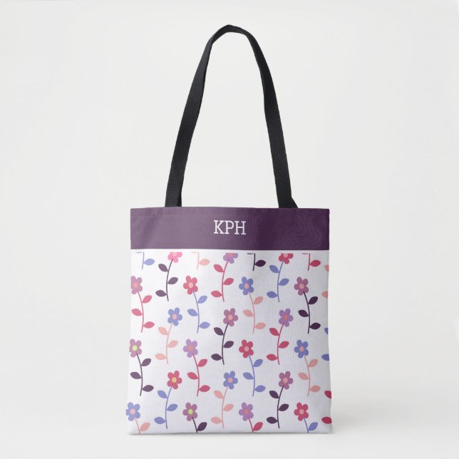 Bolso De Tela Patrón morado floral con monograma (Anverso)