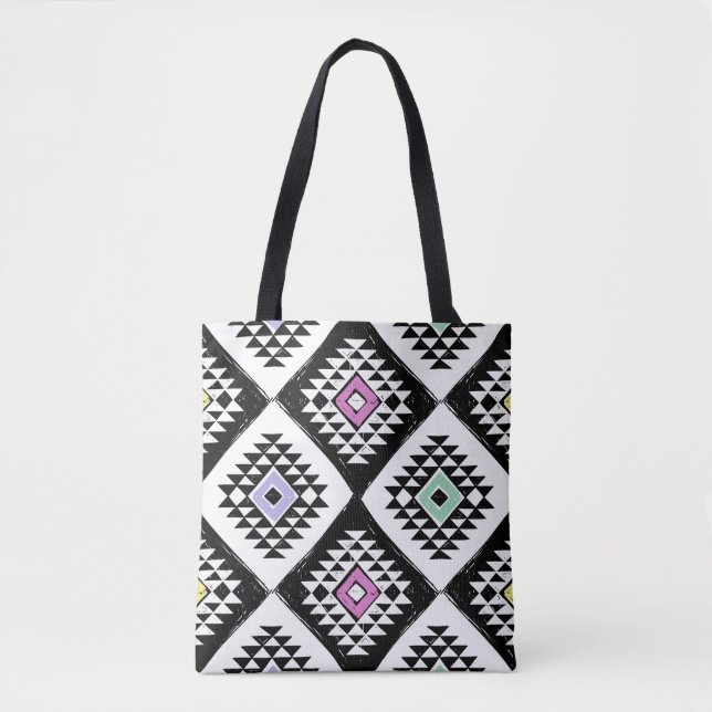 Bolso De Tela Patrón Navajo tribal blanco negro (Anverso)