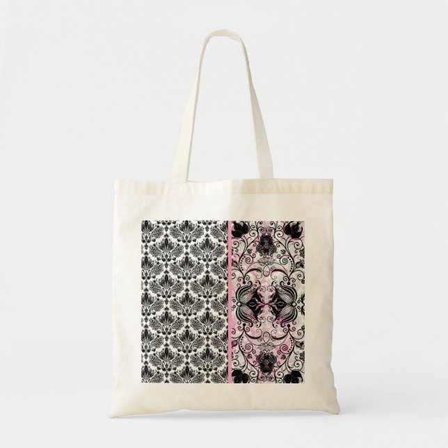 Bolso De Tela Patrón negro de Damasco floral rosa y blanco (Frente)