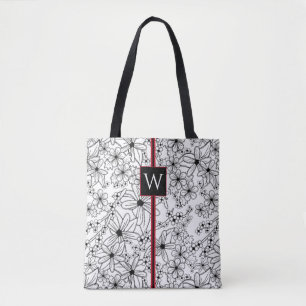 Bolso De Tela Patrón negro floral dibujado a mano y monograma