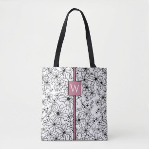 Bolso De Tela Patrón negro floral dibujado a mano y monograma