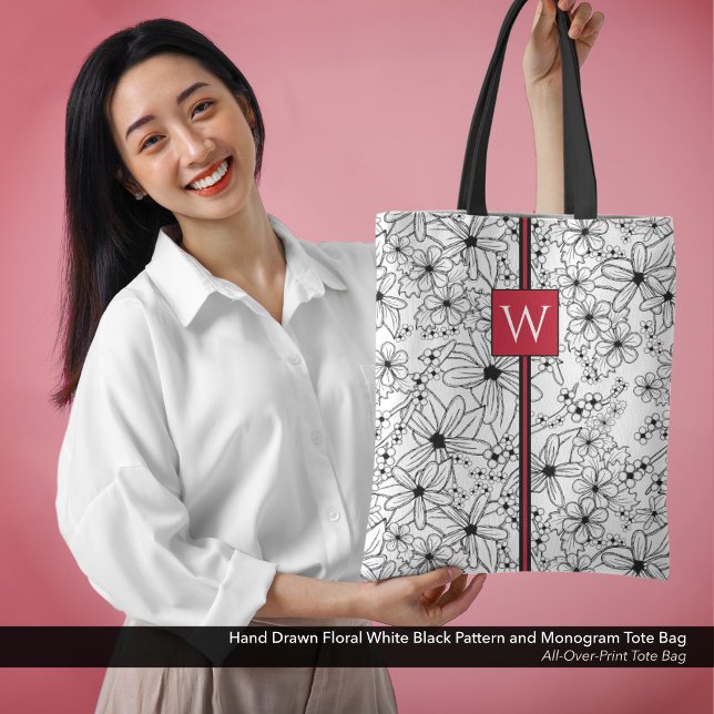 Bolso De Tela Patrón negro floral dibujado a mano y monograma (All-Over-Print Tote Bag: Hand Drawn Floral Pattern in White and Black with Monogram in Red)