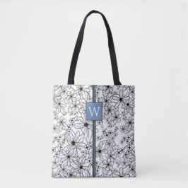 Bolso De Tela Patrón negro floral dibujado a mano y monograma