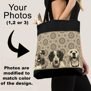 Bolso De Tela Patrón negro y dorado con foto de perro en color s