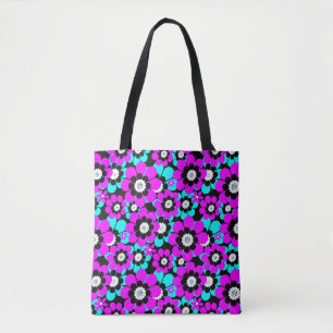 Bolso De Tela Patrón neón floral flores púrpura y turquesa